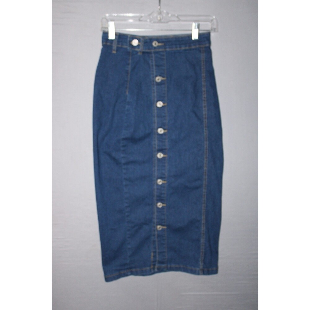 Women Stretch Blue Denim 30" Calf Length Front Button Up Dark Wash Size Small